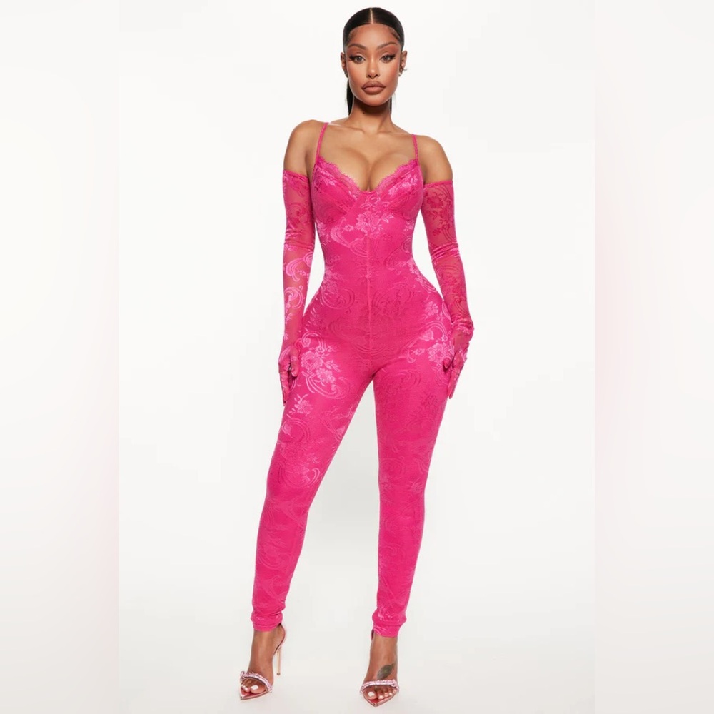 Fashion Nova Lily Lace Jumpsuit Set- Pink